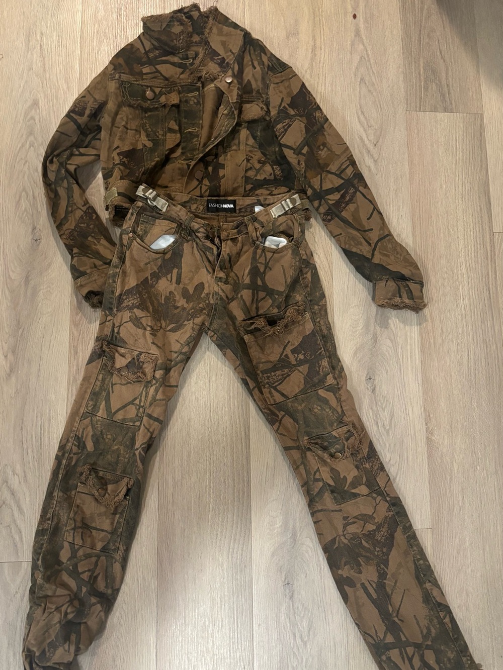 Fashion Nova Brown & Black Camo Utility Jumpsuit